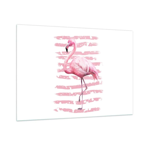Obraz na szkle - Różowy flaming na tle artystycznych różowych pasów - 100x70cm - Z godnościa, choć na różowo - Nowoczesna dekoracja ścienna do salonu, kuchni i sypialni ARTTOR