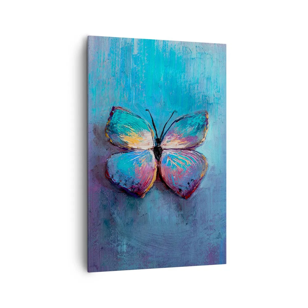 Obraz na płótnie - Kolorowy motyl na niebieskim tle - 80x120cm - W pełnej krasie - Nowoczesna dekoracja ścienna do salonu i sypialni ARTTOR