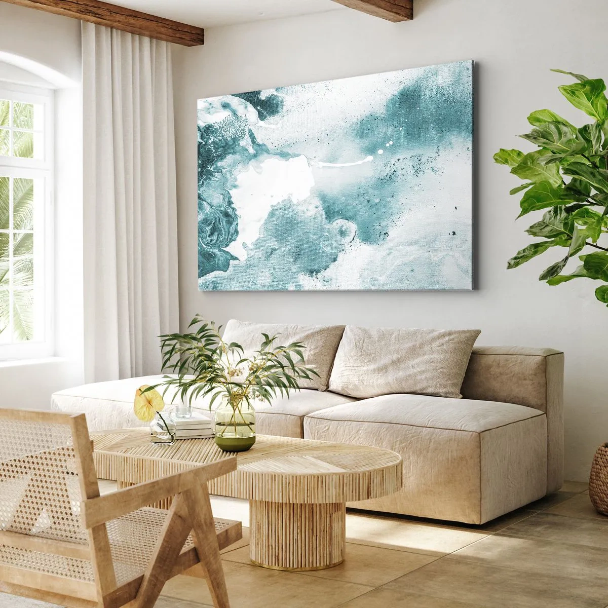 Obraz na płótnie - Abstrakcja w odcieniach błękitu z delikatnymi akcentami bieli - 70x50cm - Rozlewiska błękitu - Nowoczesna dekoracja ścienna do salonu i sypialni ARTTOR
