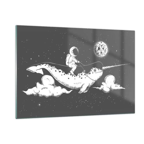 Obraz na szkle - Astronauta lecący na narwalu w kosmicznej scenerii - 120x80cm - Kosmiczny jeździec - Nowoczesna dekoracja ścienna do salonu, kuchni i sypialni ARTTOR