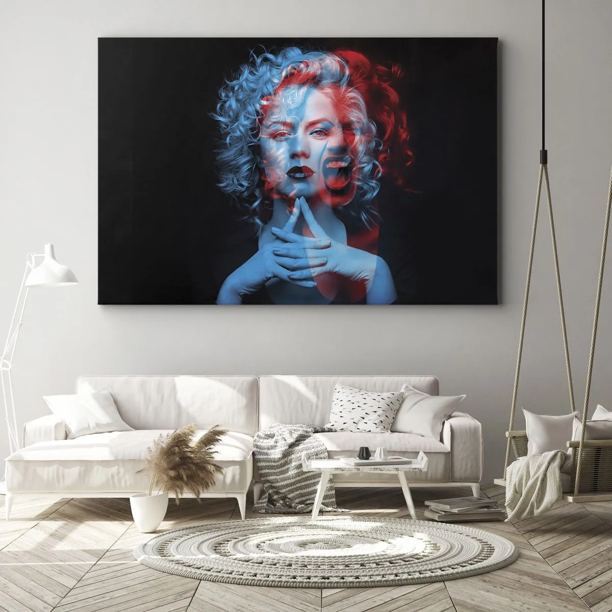 Obraz na płótnie - Podwójny portret kobiety w czerwieni i błękicie - 70x50cm - Alter ego - Nowoczesna dekoracja ścienna do salonu i sypialni ARTTOR