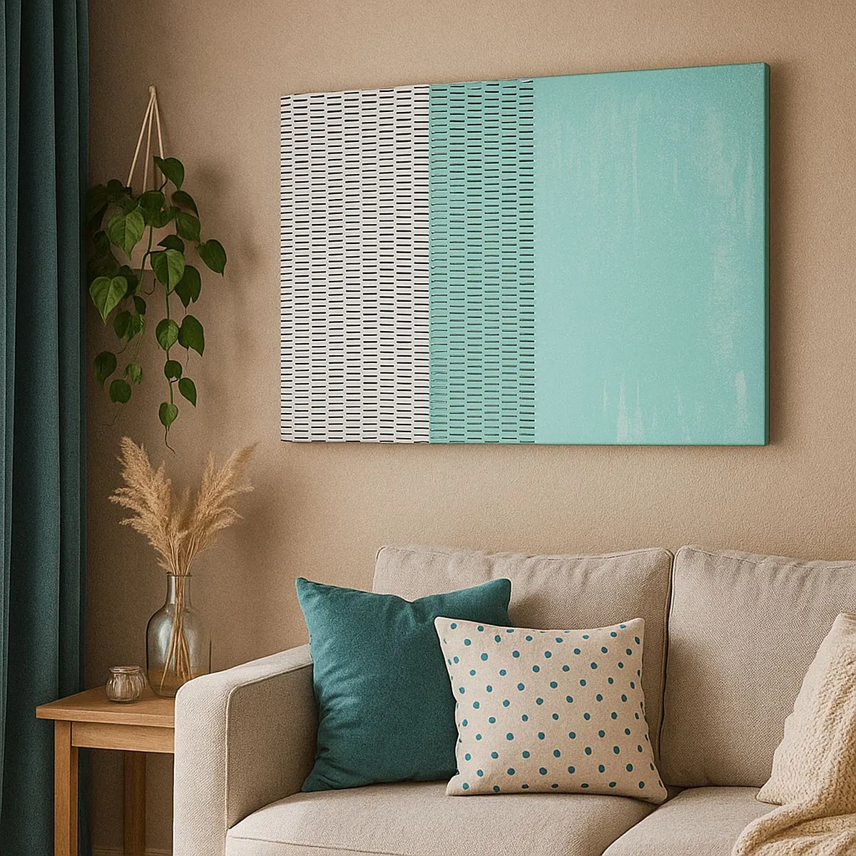 Obraz na płótnie - Geometryczna kompozycja z turkusem i liniami - 70x50cm - Kompozycja zrównoważona - Nowoczesna dekoracja ścienna do salonu i sypialni ARTTOR