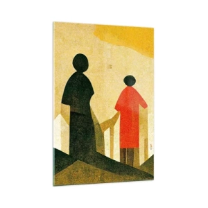 Obraz na szkle - Geometryczne sylwetki w kolorze czerwieni i zieleni na żółtym tle - 70x100cm - Jeszcze daleka droga - Nowoczesna dekoracja ścienna do salonu i sypialni ARTTOR