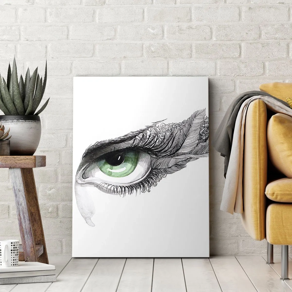 Obraz na płótnie - Oko z zieloną tęczówką, z delikatnymi detalami rzęs i artystycznym wykończeniem w czerni i bieli - 50x70cm - Piękna i gotowa do ataku - Nowoczesna dekoracja ścienna do salonu, kuchni i sypialni ARTTOR