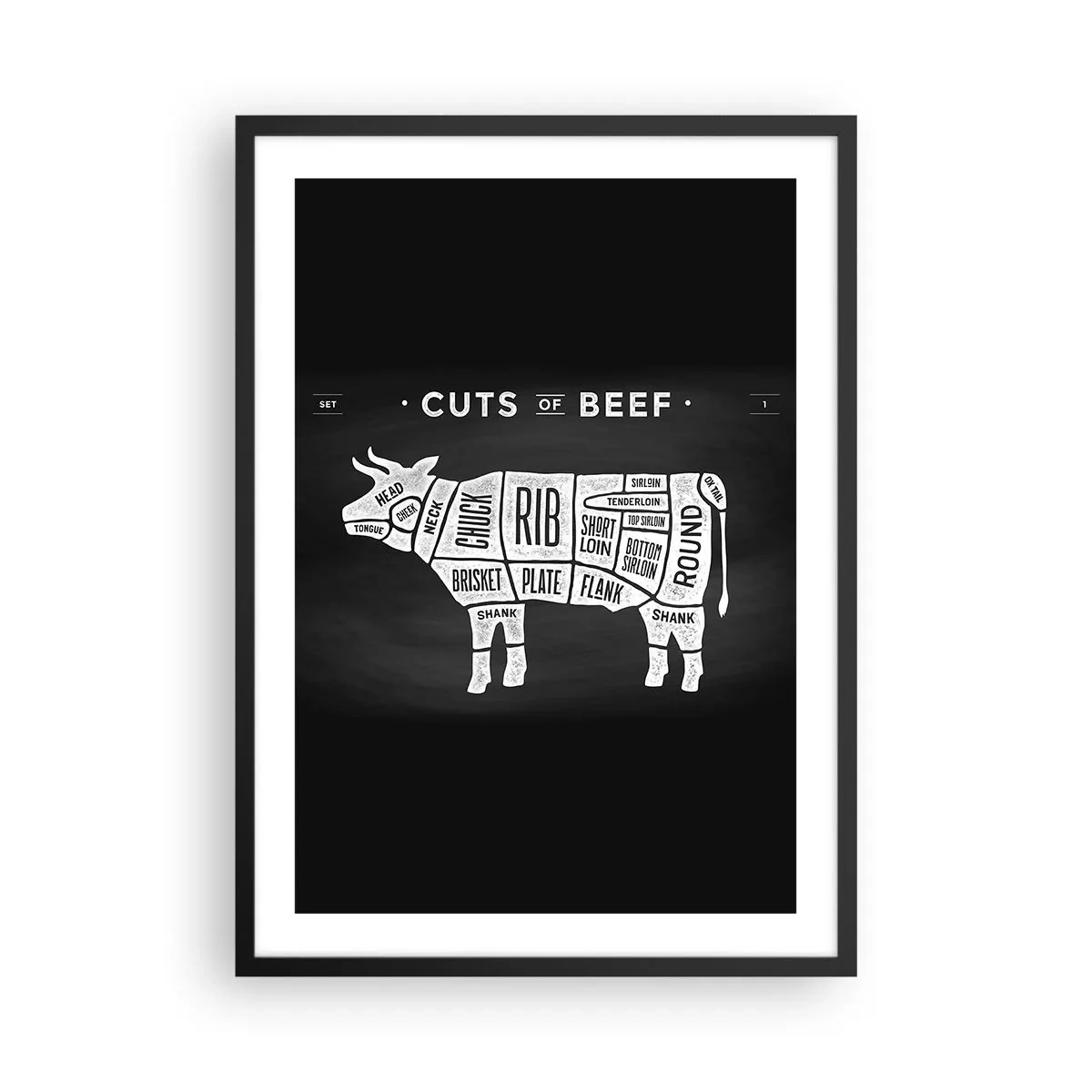Plakat w czarnej ramie - Schemat cięć wołowych na czarnym tle w stylu retro - 50x70cm - Elementarz masarza - Nowoczesna dekoracja ścienna do salonu i sypialni ARTTOR