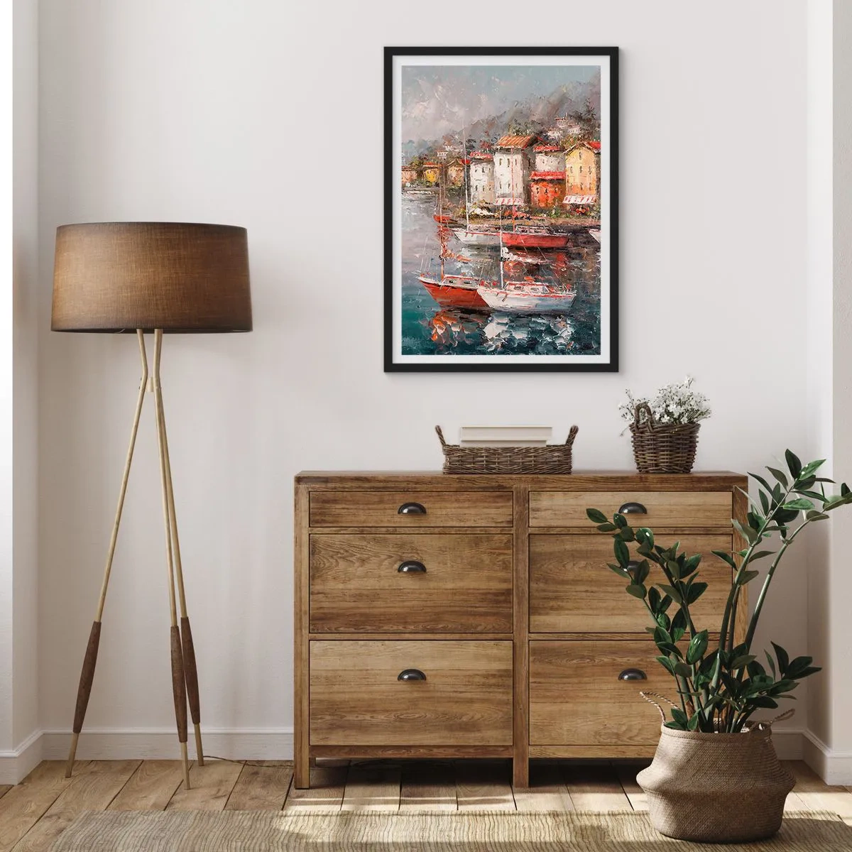 Plakat w czarnej ramie - Malowniczy port z żaglówkami w stylu impresjonistycznym - 50x70cm - Romantyczna przystań - Nowoczesna dekoracja ścienna do salonu i sypialni ARTTOR