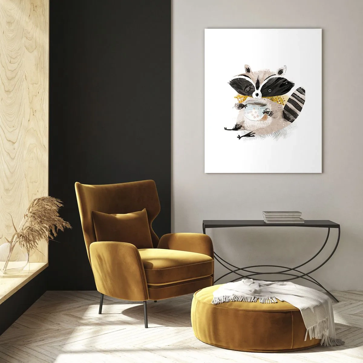 Obraz na szkle - Uroczy szop trzymający kubek z napojem - 50x70cm - Mój przyjaciel szop - Nowoczesna dekoracja ścienna do salonu, kuchni i sypialni ARTTOR