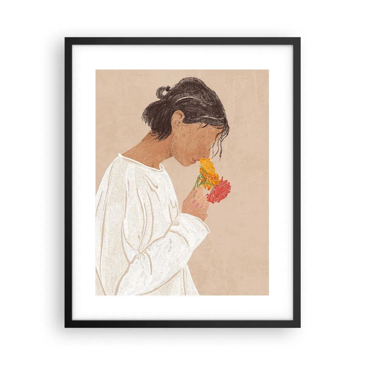 Plakat w czarnej ramie - Dziewczyna i kwiaty - 40x50 cm