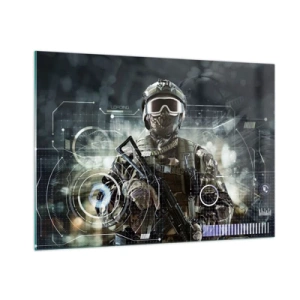 Obraz na szkle - Żołnierz w taktycznym ekwipunku na tle futurystycznego interfejsu - 100x70cm - Moc do potęgi - Nowoczesna dekoracja ścienna do salonu, kuchni i sypialni ARTTOR