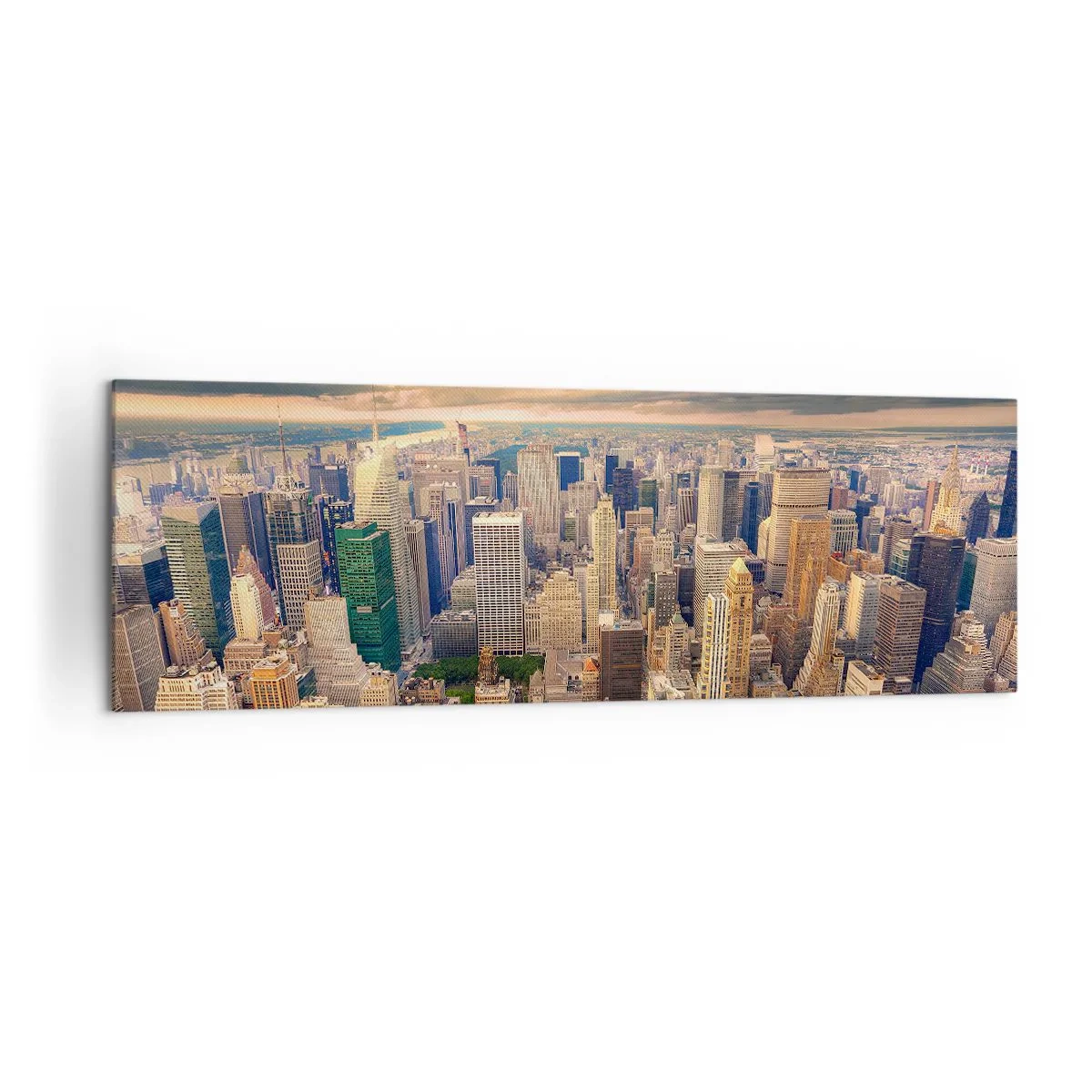 Obraz na płótnie - Panorama miasta z widokiem na drapacze chmur o zachodzie słońca - 160x50cm - Wyzłocone metropolis - Nowoczesna dekoracja ścienna do salonu i sypialni ARTTOR