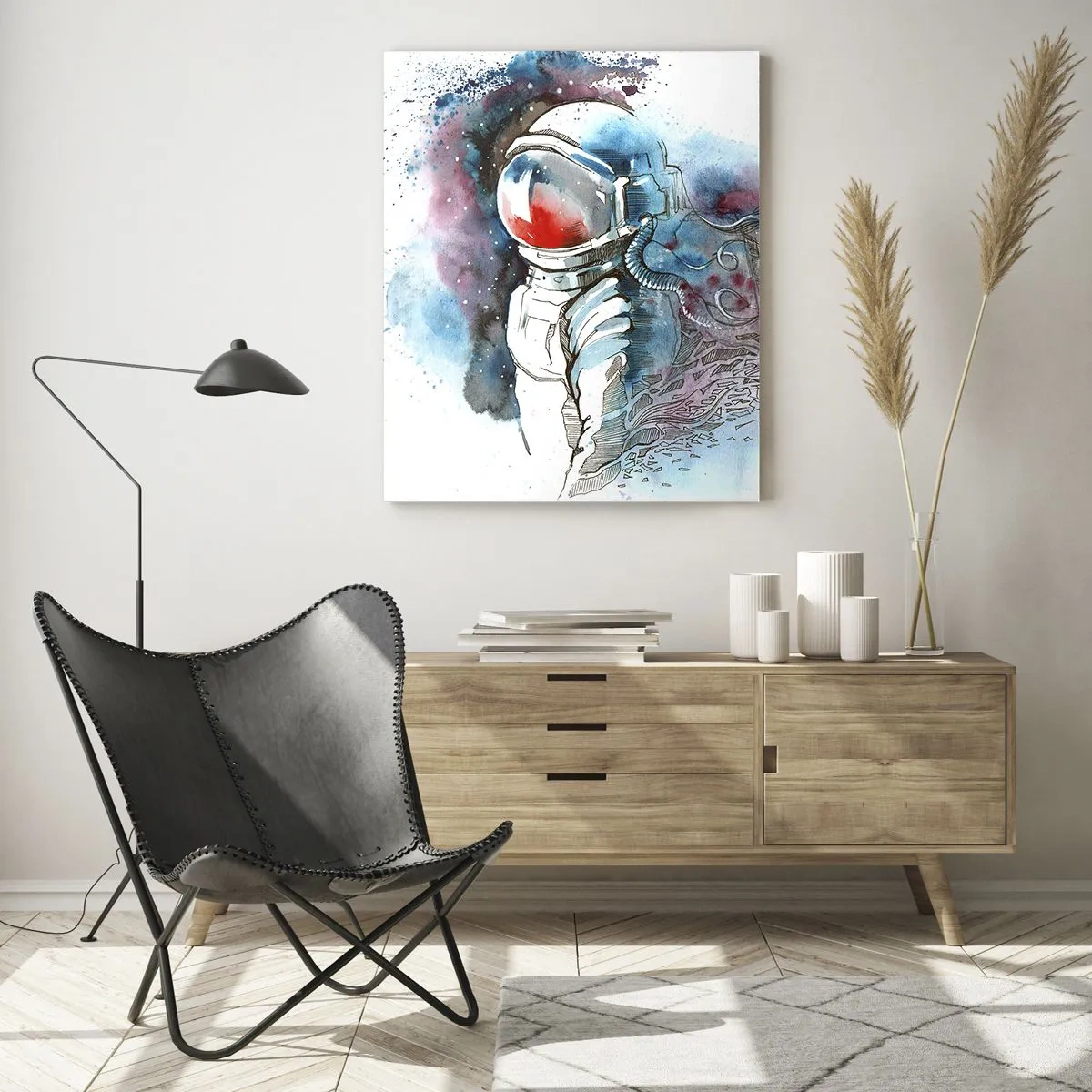 Obraz na szkle - Astronauta w dynamicznej akwarelowej scenerii kosmicznej - 50x70cm - Sam na sam z kosmosem - Nowoczesna dekoracja ścienna do salonu, kuchni i sypialni ARTTOR