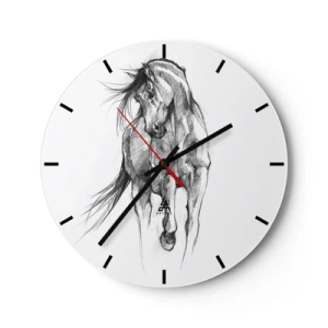 Zegar ścienny - Szkic galopującego konia wykonany ołówkiem na białym tle - 30x30cm - We wdzięcznym kłusie - Nowoczesna dekoracja ścienna do salonu, kuchni i sypialni ARTTOR