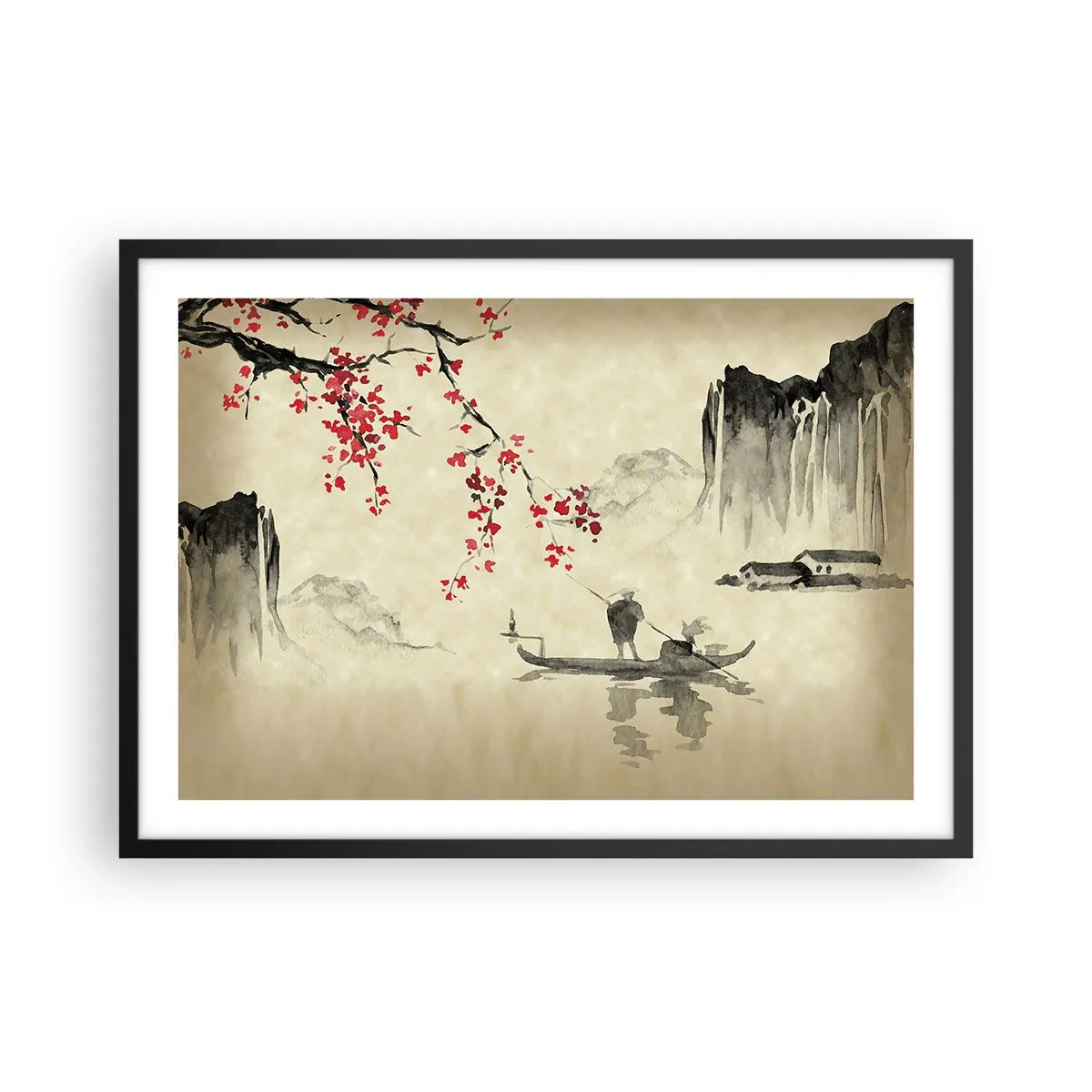 Plakat w czarnej ramie - Orientalna ilustracja z łodzią i kwitnącą gałęzią - 70x50cm - W kraju kwitnącej wiśni - Nowoczesna dekoracja ścienna do salonu i sypialni ARTTOR