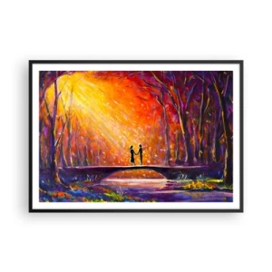 Plakat w czarnej ramie - Romantyczna para na moście w jesiennym lesie - 100x70cm - Niebo ich też kocha - Nowoczesna dekoracja ścienna do salonu i sypialni ARTTOR
