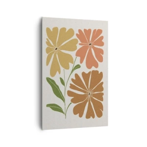Obraz na płótnie - Trzy kwiaty w ciepłych barwach na jasnym tle - 80x120cm - Natura i geometria - Nowoczesna dekoracja ścienna do salonu i sypialni ARTTOR