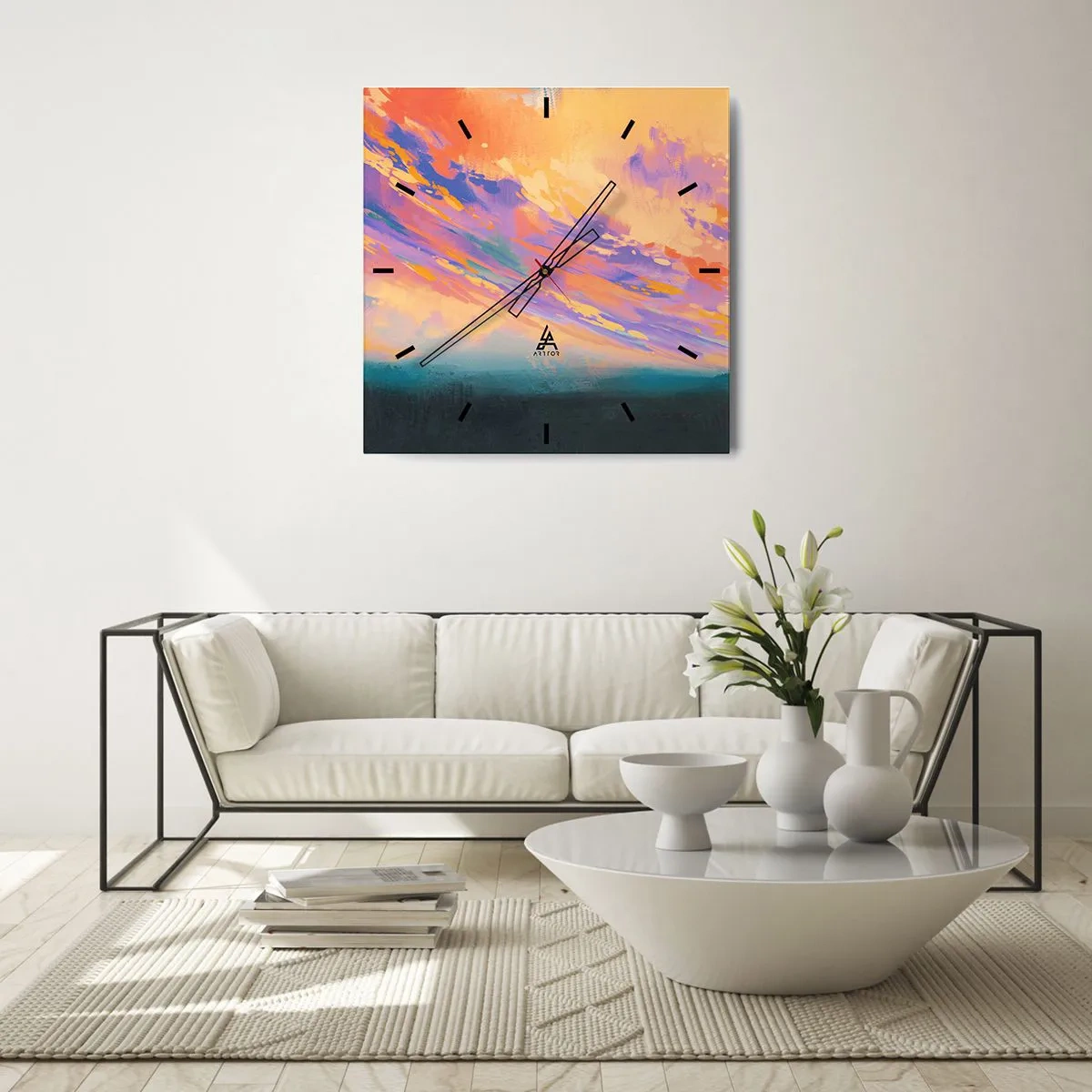 Zegar ścienny - Dynamiczna scena z postaciami na tle kolorowego nieba o zachodzie słońca - 30x30cm - Siła przyciągania - Nowoczesna dekoracja ścienna do salonu i sypialni ARTTOR