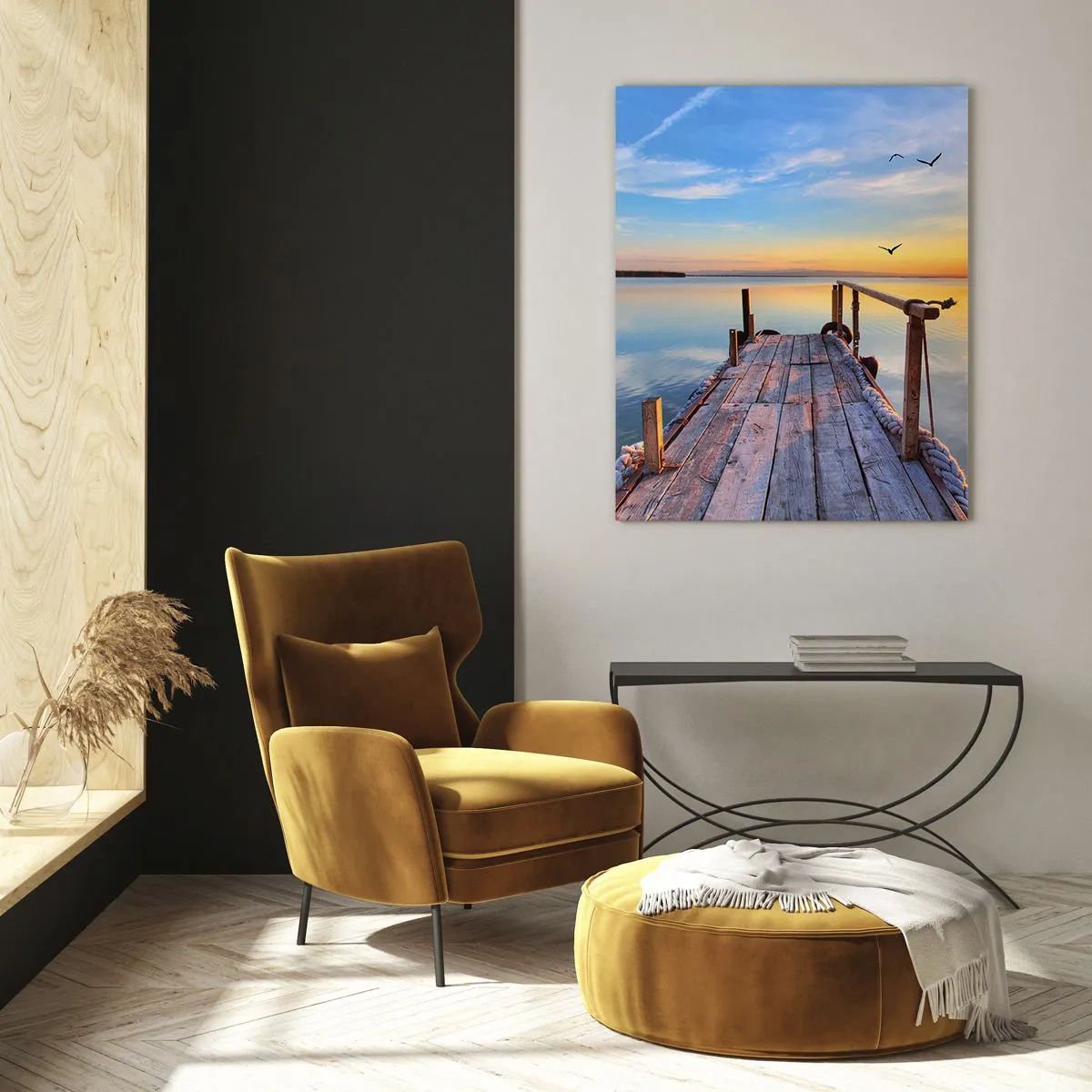 Obraz na szkle - Drewniany pomost na jeziorze o zachodzie słońca - 50x70cm - Iść przed siebie ku słońcu - Nowoczesna dekoracja ścienna do salonu, kuchni i sypialni ARTTOR