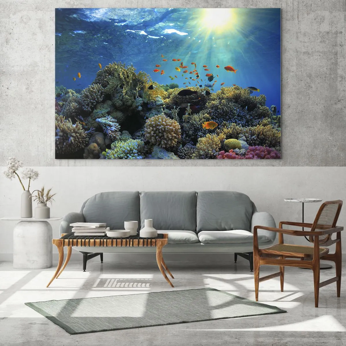 Obraz na szkle - Kolorowa rafa koralowa oświetlona promieniami słońca - 100x70cm - Podwodne skarby - Nowoczesna dekoracja ścienna do salonu, kuchni i sypialni ARTTOR