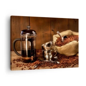Obraz na płótnie - French press, filiżanki i worek kawy na drewnianym tle - 70x50cm - Czar kawy - aromat i smak - Nowoczesna dekoracja ścienna do salonu i sypialni ARTTOR