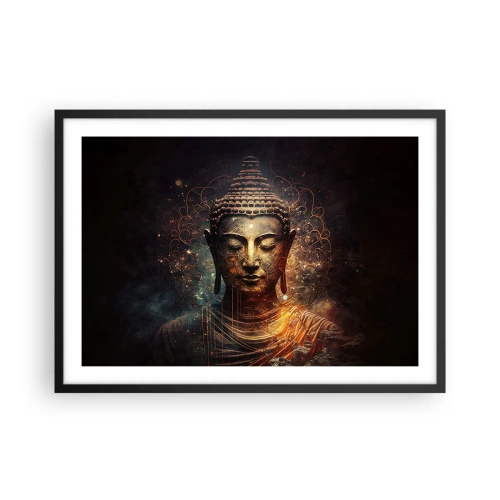Plakat w czarnej ramie - Złoty Budda na ciemnym tle z ornamentami - 70x50cm - Duchowa równowaga - Nowoczesna dekoracja ścienna do salonu i sypialni ARTTOR