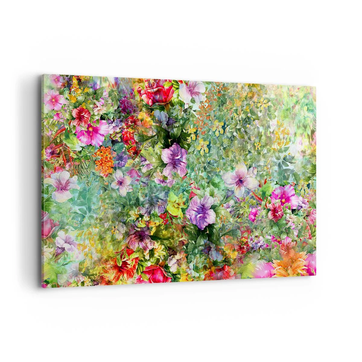 Obraz na płótnie - Kolorowa kompozycja kwiatów na zielonym tle - 120x80cm - W kwiaty na zatracenie - Nowoczesna dekoracja ścienna do salonu, kuchni i sypialni ARTTOR