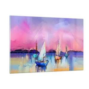 Obraz na szkle - Abstrakcyjna marina z żaglówkami o zachodzie słońca - 120x80cm - Kierunek: szerokie wody - Nowoczesna dekoracja ścienna do salonu, kuchni i sypialni ARTTOR