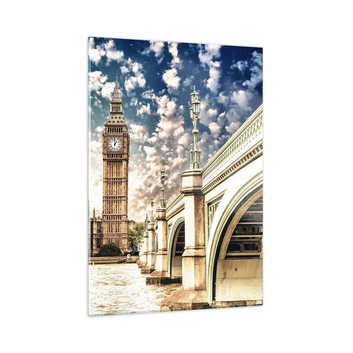 Obraz na szkle - Big Ben i most Westminster w Londynie - 50x70cm - Pierzaste obłoki nad Tamizą - Nowoczesna dekoracja ścienna do salonu, kuchni i sypialni ARTTOR