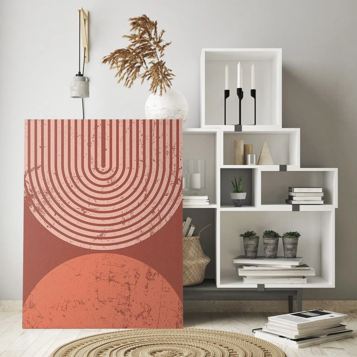 Obraz na szkle - Geometryczna grafika w odcieniach rdzy z półkolem i kołem - 50x70cm - Bliska relacja - Nowoczesna dekoracja ścienna do salonu, kuchni i sypialni ARTTOR