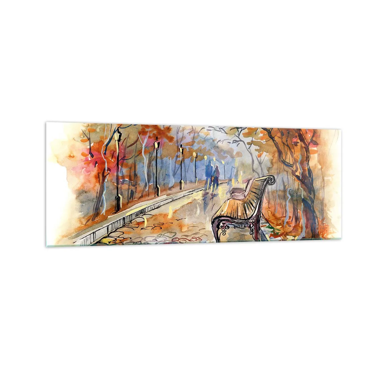 Obraz na szkle - Jesienny park z ławką w akwarelowym ujęciu - 140x50cm - Razem powędrować w jesień - Nowoczesna dekoracja ścienna do salonu i sypialni ARTTOR