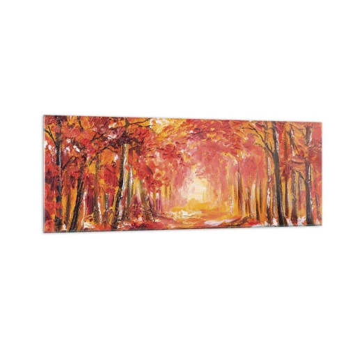 Obraz na szkle - Jesienny las w odcieniach miedzi i złota - 140x50cm - Miedziany las - Nowoczesna dekoracja ścienna do salonu i sypialni ARTTOR