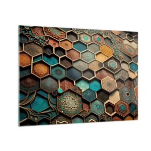 Obraz na szkle - Mozaika z geometrycznych wzorów w orientalnym stylu - 70x50cm - Arabskie ornamenty – wariacja - Nowoczesna dekoracja ścienna do salonu i sypialni ARTTOR
