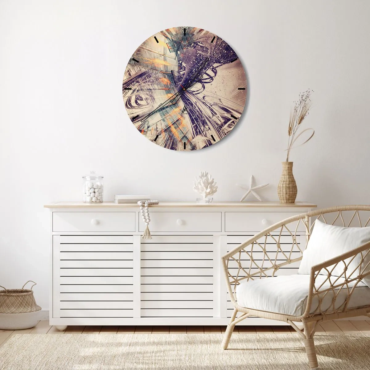 Zegar ścienny - Abstrakcyjna kompozycja geometryczna w odcieniach beżu i fioletu - 30x30cm - W wielkim pędzie - Nowoczesna dekoracja ścienna do salonu, kuchni i sypialni ARTTOR
