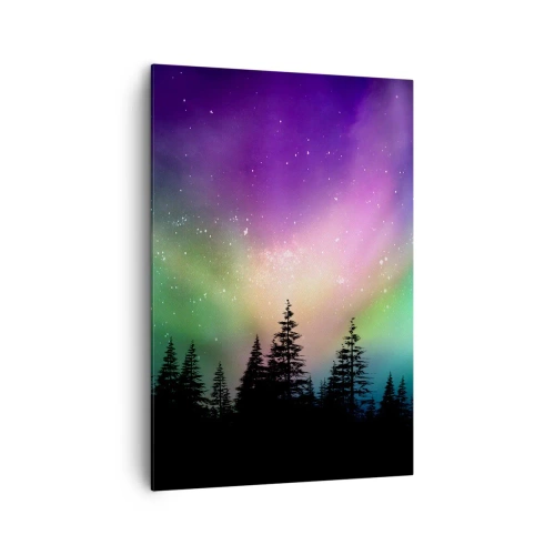 Obraz na płótnie - Zorza polarna nad lasem z gwieździstym niebem - 70x100cm - Biała magia - Nowoczesna dekoracja ścienna do salonu i sypialni ARTTOR
