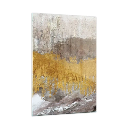 Obraz na szkle - Złote i ziemiste struktury tworzące dynamiczną abstrakcję - 50x70cm - Złocisty podmuch - Nowoczesna dekoracja ścienna do salonu, kuchni i sypialni ARTTOR