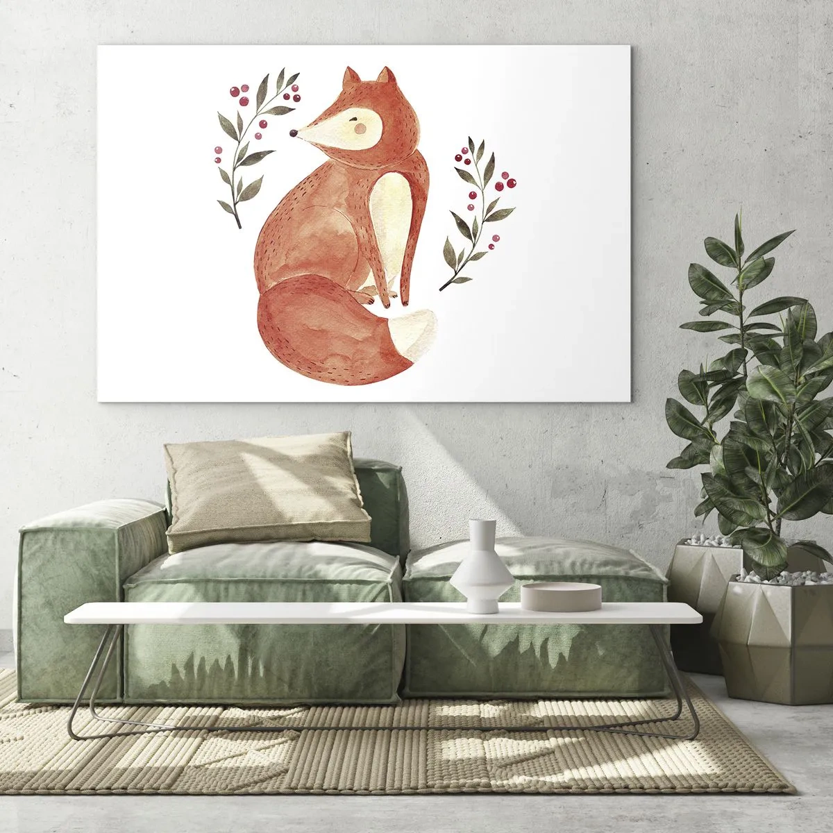 Obraz na szkle - Uroczy lisek w stylu akwareli z gałązkami i jagodami - 100x70cm - Mały rudzielec - Nowoczesna dekoracja ścienna do salonu, kuchni i sypialni ARTTOR