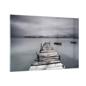 Obraz na szkle - Drewniany pomost na jeziorze w mglisty dzień - 100x70cm - Jutro możesz ruszać - Nowoczesna dekoracja ścienna do salonu, kuchni i sypialni ARTTOR