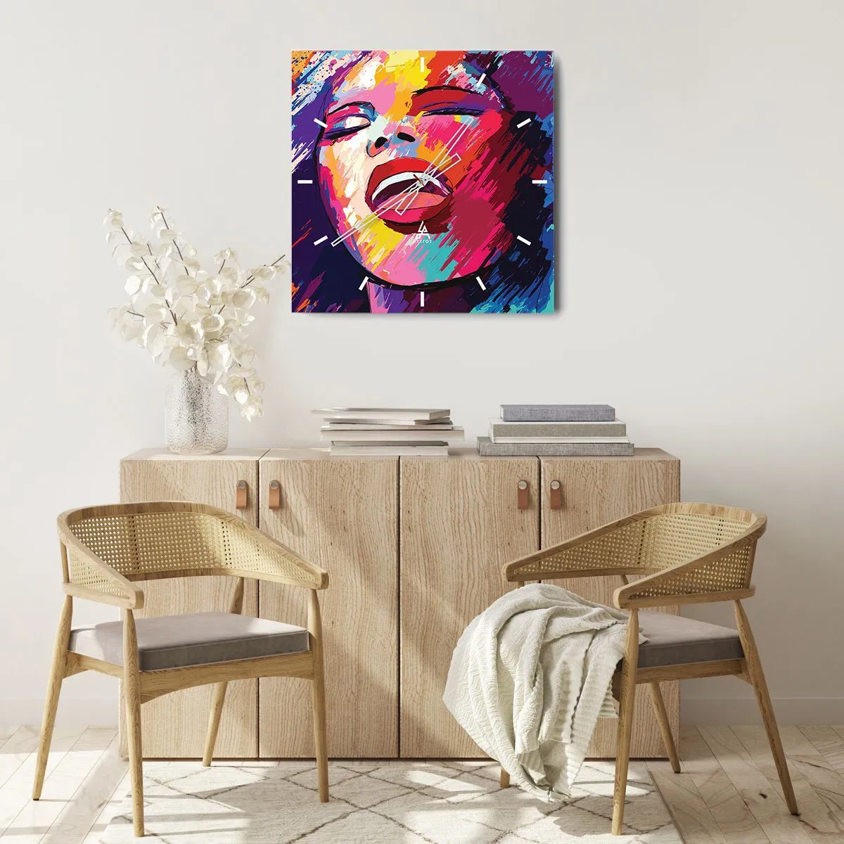 Zegar ścienny - Abstrakcyjny portret kobiety w żywych kolorach - 30x30cm - Wyśpiewać całe życie - Nowoczesna dekoracja ścienna do salonu i sypialni ARTTOR