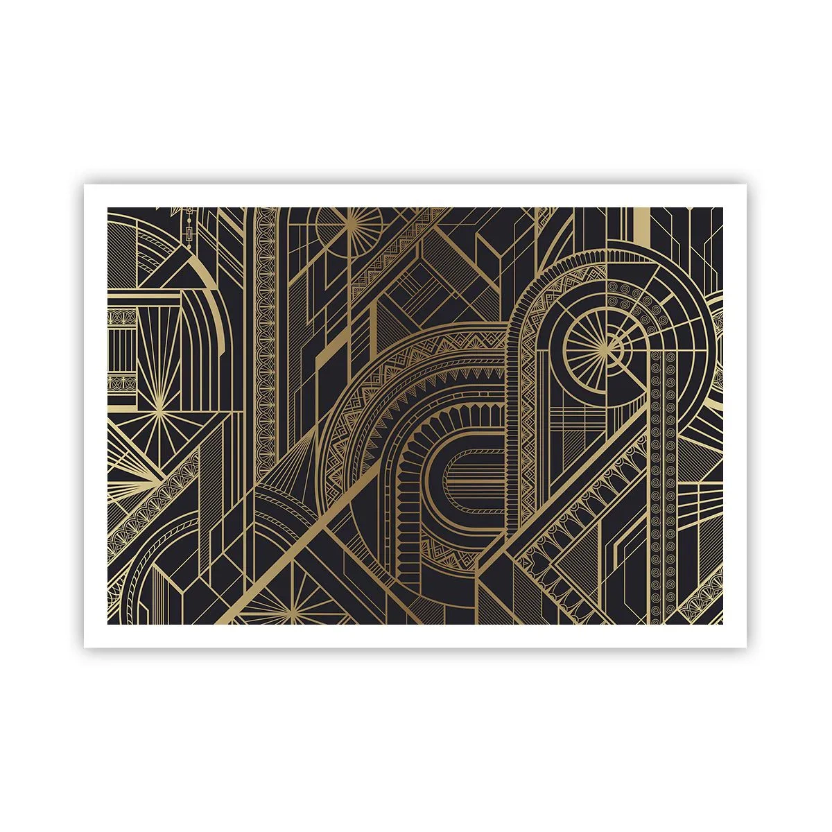 Plakat - Złote geometryczne wzory na czarnym tle w stylu art deco - 100x70cm - Koncepty, idee, plany - Nowoczesna dekoracja ścienna do salonu i sypialni ARTTOR