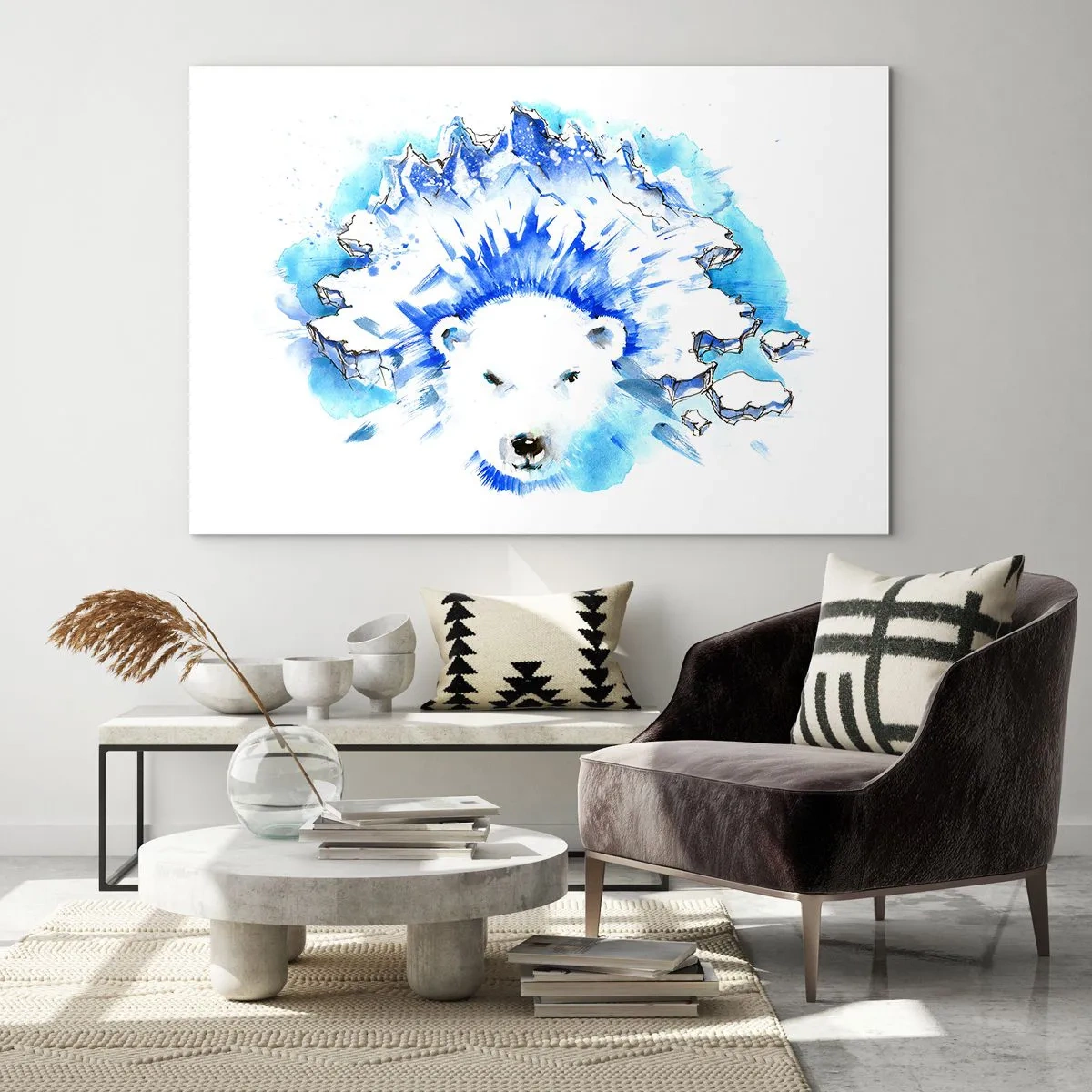 Obraz na szkle - Niedźwiedź polarny na tle lodowych gór w odcieniach błękitu - 70x50cm - Król Arktyki w lodowej koronie - Nowoczesna dekoracja ścienna do salonu i sypialni ARTTOR