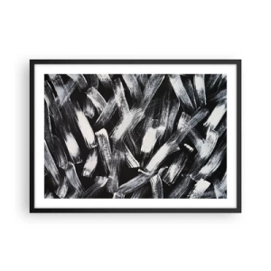 Plakat w czarnej ramie - Dynamiczna abstrakcja z białymi pociągnięciami pędzla na czarnym tle - 70x50cm - Abstrakcja w duchu industrialnym - Nowoczesna dekoracja ścienna do salonu i sypialni ARTTOR