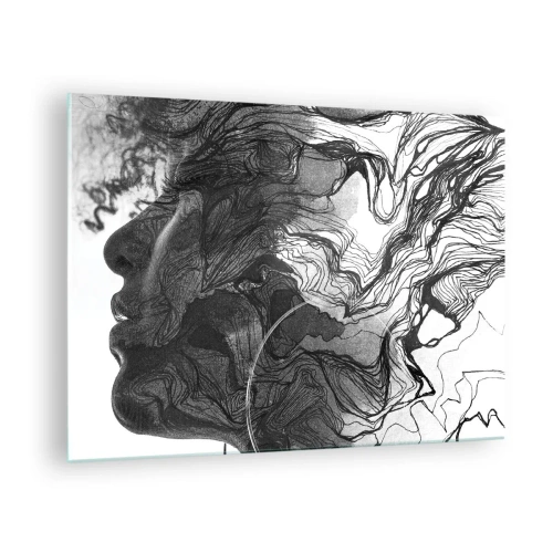 Obraz na szkle - Czarno-biała sylwetka kobiety z abstrakcyjnymi liniami - 70x50cm - Zaplątana w marzeniach - Nowoczesna dekoracja ścienna do salonu i sypialni ARTTOR