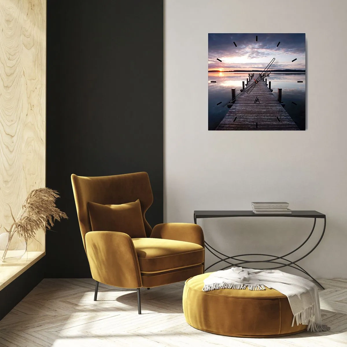 Zegar ścienny - Pomost na jeziorze o zachodzie słońca w spokojnym krajobrazie - 30x30cm - Cicha granica dnia i nocy - Nowoczesna dekoracja ścienna do salonu i sypialni ARTTOR