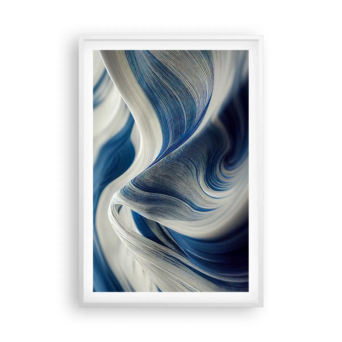 Plakat w białej ramie - Płynność błękitu i bieli - 61x91 cm