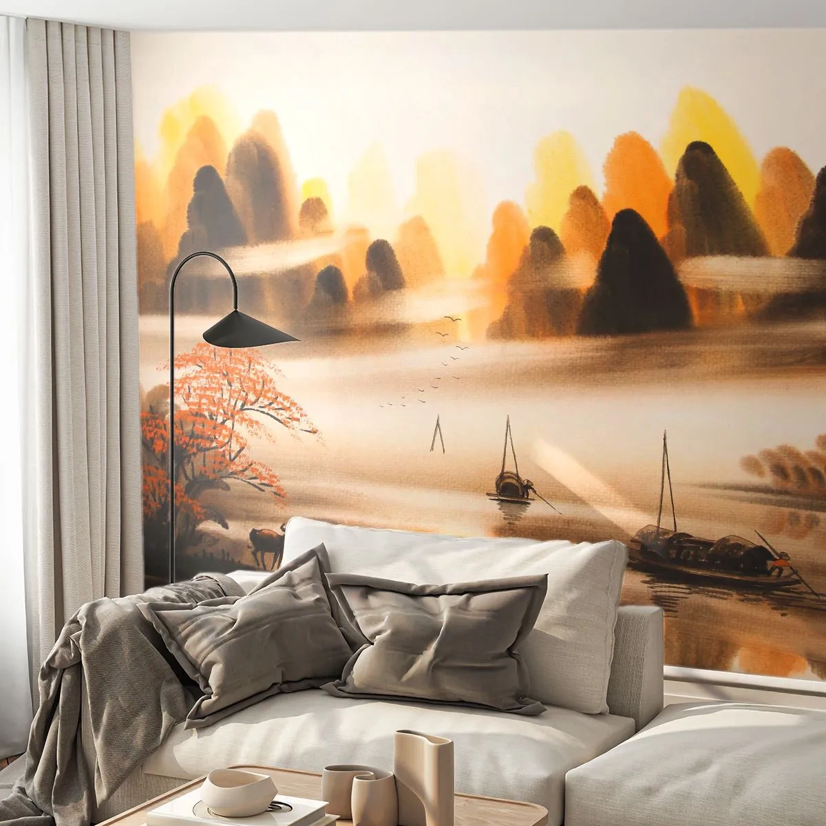 Fototapeta Premium Sand - Orientalny pejzaż z górami, rzeką i łodziami o zachodzie - 100x70cm - Dalej niż na Dalekim Wschodzie - Nowoczesna dekoracja ścienna do salonu, kuchni i sypialni ARTTOR