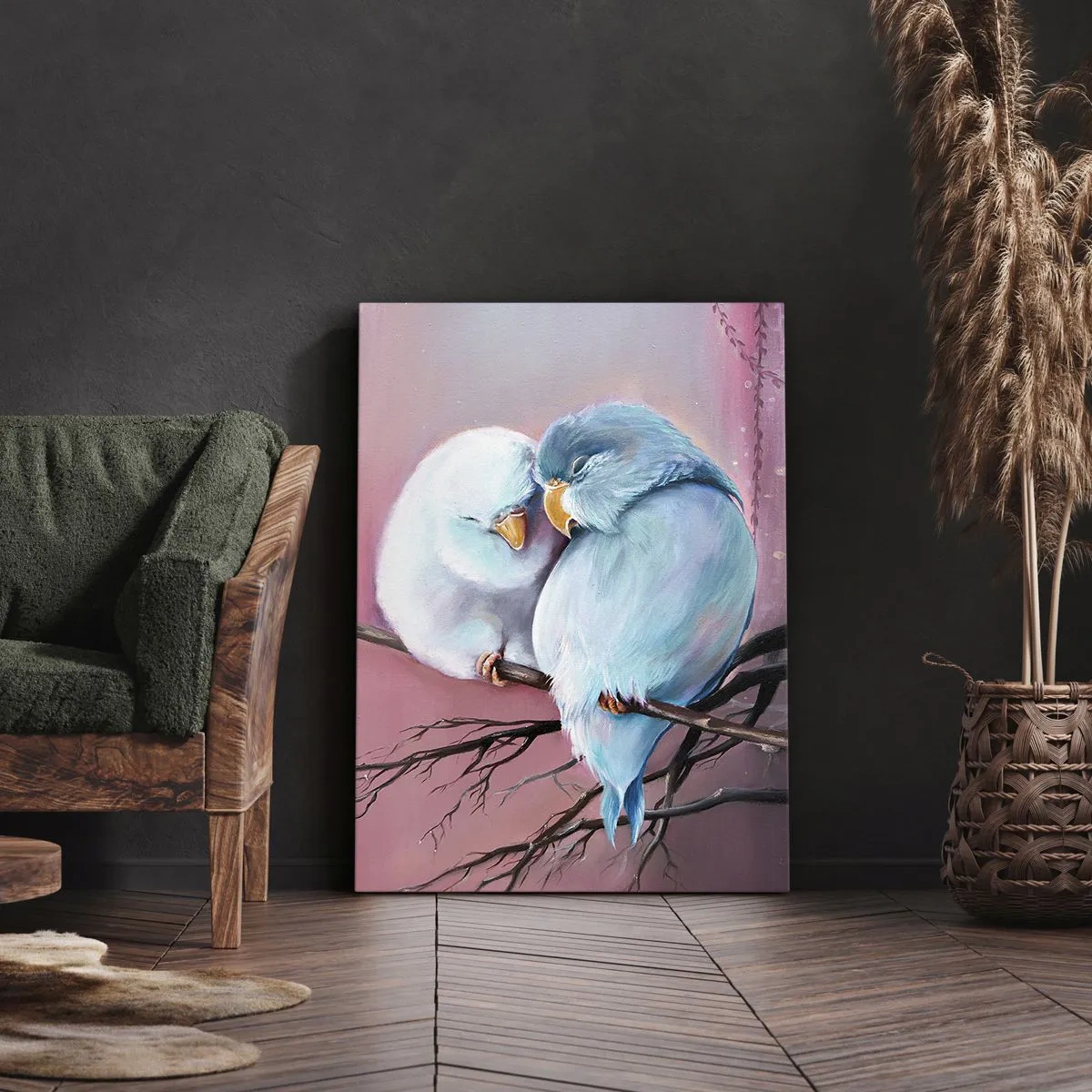 Obraz na płótnie - Dwie papużki siedzące na gałęzi, wtulone w siebie - 50x70cm - Cóż tu dodać?… - Nowoczesna dekoracja ścienna do salonu, kuchni i sypialni ARTTOR