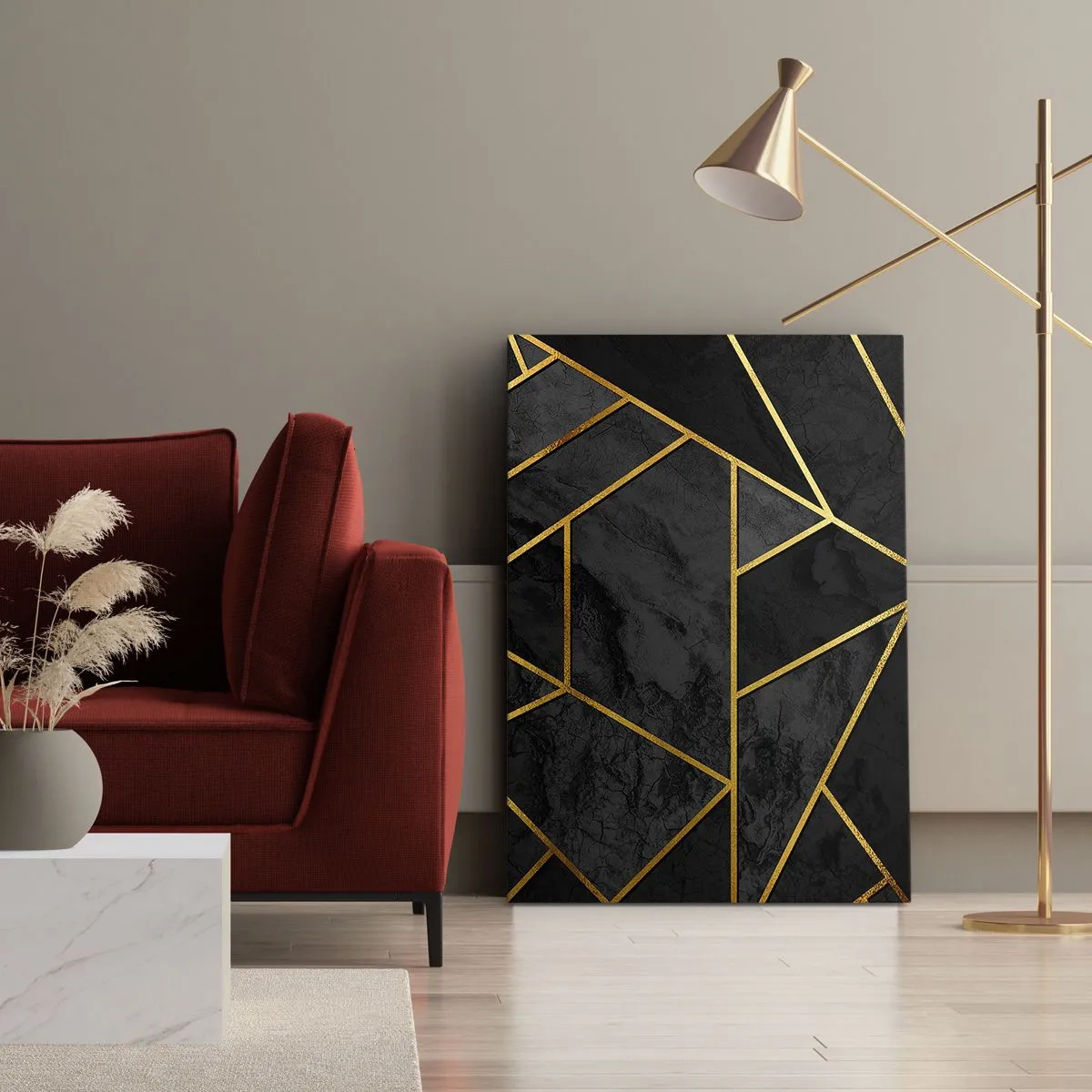 Obraz na płótnie - Geometryczny wzór złota na czarnym tle - 80x120cm - Mrok i blask - Nowoczesna dekoracja ścienna do salonu i sypialni ARTTOR