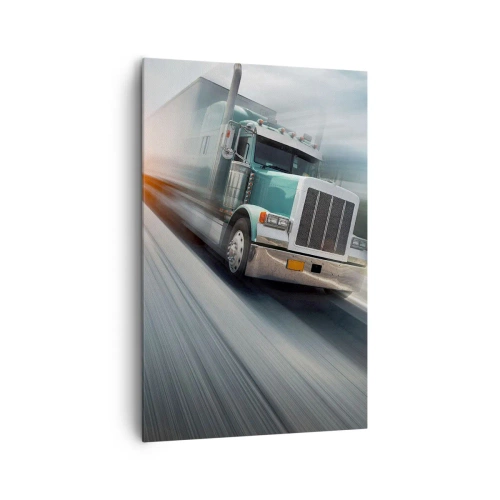 Obraz na płótnie - Ciężarówka na autostradzie w ruchu przy zachodzie słońca - 80x120cm - Amerykański olbrzym w pędzie - Nowoczesna dekoracja ścienna do salonu i sypialni ARTTOR