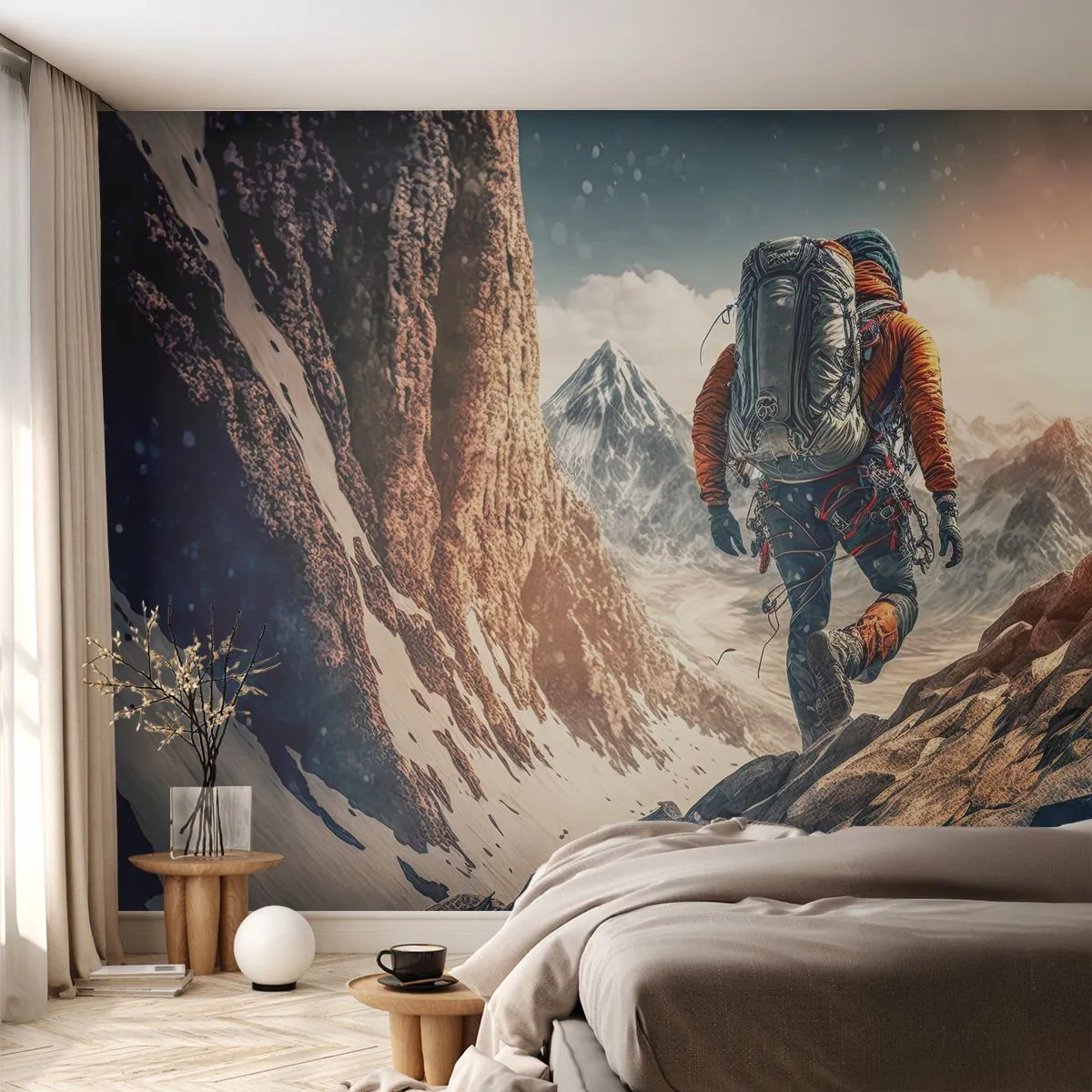 Fototapeta Premium Sand - Alpinista na tle ośnieżonych gór o poranku - 100x70cm - Samotny wojownik - Nowoczesna dekoracja ścienna do salonu, kuchni i sypialni ARTTOR