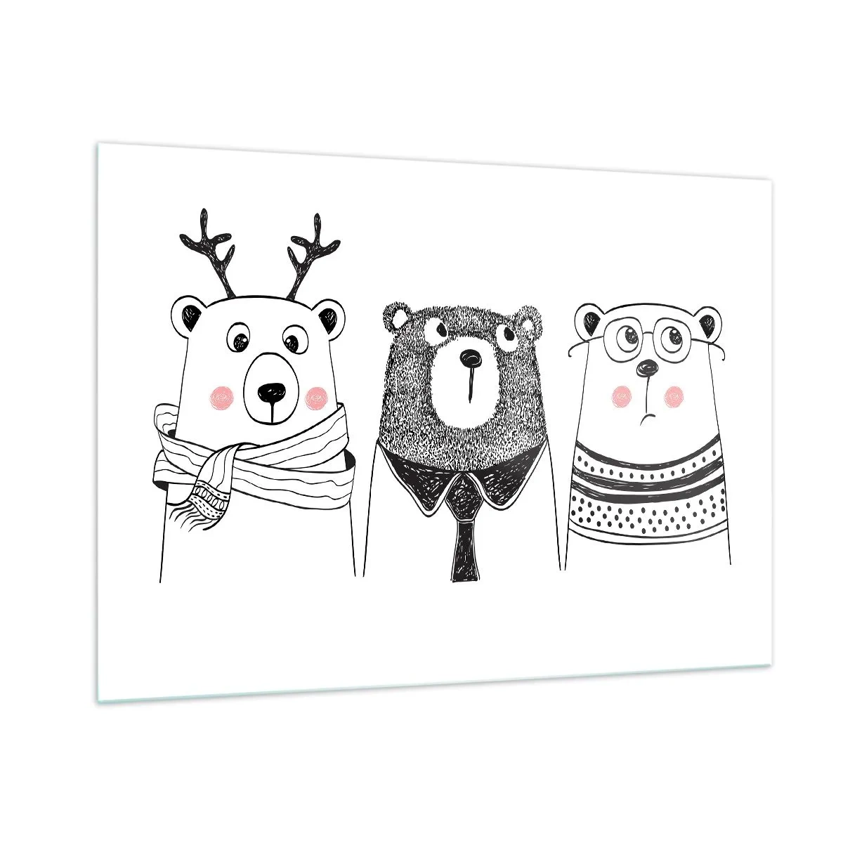 Obraz na szkle - Trzy zabawne niedźwiadki w czarno-białej ilustracji - 100x70cm - Miś, misiaczek i misio - Nowoczesna dekoracja ścienna do salonu, kuchni i sypialni ARTTOR