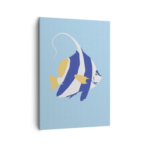 Obraz na płótnie - Minimalistyczna ilustracja ryby tropikalnej na błękitnym tle - 50x70cm - Miss tropikalnych wód - Nowoczesna dekoracja ścienna do salonu, kuchni i sypialni ARTTOR